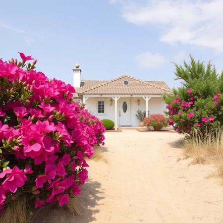 katrina cottage house along sandy path with bougainvillea