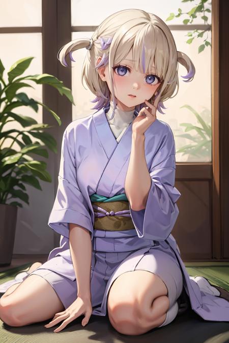 masterpiece, best quality, absurdres, TodorokiHajime, indoors, kimono, hair flower, floral print, wariza, sitting, hands on own knees, <lora:TodorokiHajime:1>