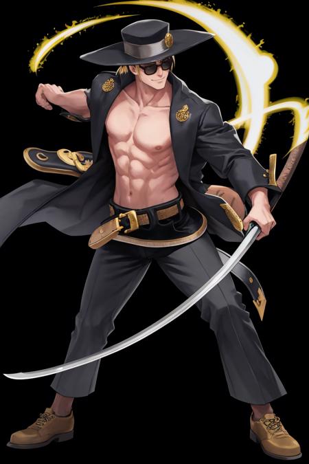 masterpiece, best quality, 1boy, solo, standing, <lora:johnny-gg-richy-v1:1> johnny, coat, sunglasses, hat, sword, holding sword, belt, huge belt, abs, pectorals, open clothes, smirk, full body, <lora:UnlimitedBladeWorks1.6:0.6> black pants, <lora:FEH_Concept_v2:0.9> black background, simple background, muscular, dynamic pose, action shot, fighting stance, wooden sword, bokken