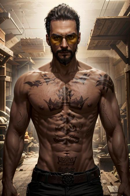 JosephFar, 1boy, male focus, solo, facial hair, tattoo, beard, sunglasses, dark skin, dark-skinned male, nipples, topless male, backlighting, black hair, upper body
<lora:epi_noiseoffset2:1>,    <lora:JosephFar:0.7>