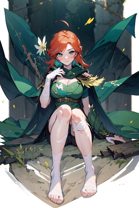 -arcana,arcana,Windranger anime style, 1girl, breasts, solo, flower, large breasts, cleavage, long hair, sitting, gloves, looking at viewer, cape, full body, smile, no shoes, feet, green cape, dress, soles, bangs, multicolored hair, white gloves, bandages, single glove, ahoge, toes, closed mouth, blush, green dress<lora:Windranger:1>