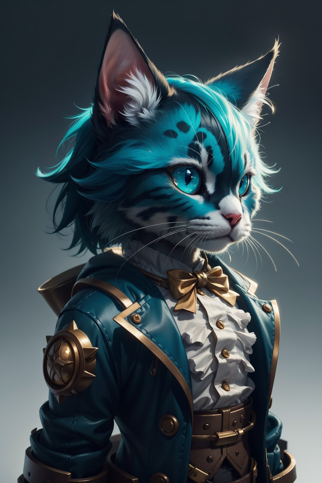 a 3d render of a game character, a cute small (chibi:0.8) anthropomorphic cat, crown, teal, fluffy, cg, colonial suit, uni...