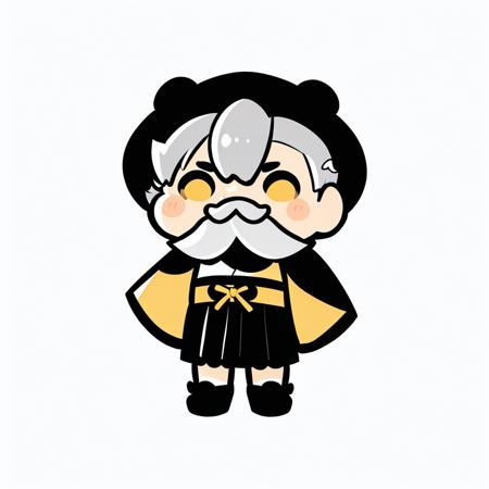 <lora:shie02:1>, 1boy, male focus, solo, hat, white background, japanese clothes, full body, facial hair, simple background, scarf, jewelry, hakama, standing, looking at viewer, skirt, bracelet, kimono, yellow eyes, black headwear, grey hair, black footwear, white hair