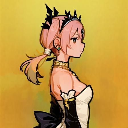 (yellow theme, yellow background),1girl, solo,  simple background,   masterpiece,
from side, profile, high contrast,
<lora:miyoshi_yoshimi-23:1> miyoshi_yoshimi, pink hair, twintails, tiara, dress, necklace, earring, circlet, detached sleeves, strapless