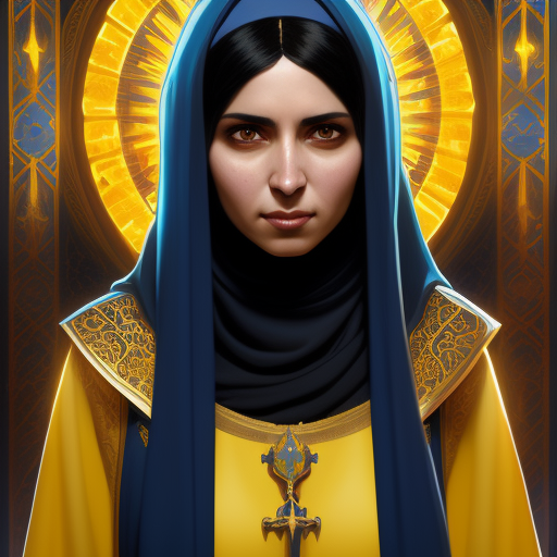 portrait of a middle - eastern female cleric with straight black hair wearing blue and yellow vestments casting fireball, ...