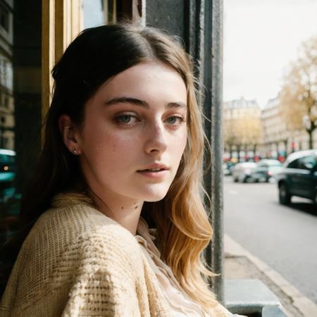 <lora:millie_brady_resized_40:1> millie brady woman a close up portrait photo of a beautiful  woman in a paris cafe, wearing vintage clothing, moody, vines, organic, modern, (high detailed skin:1.2), 8k uhd, dslr, soft lighting, high quality, film grain, Fujifilm XT3