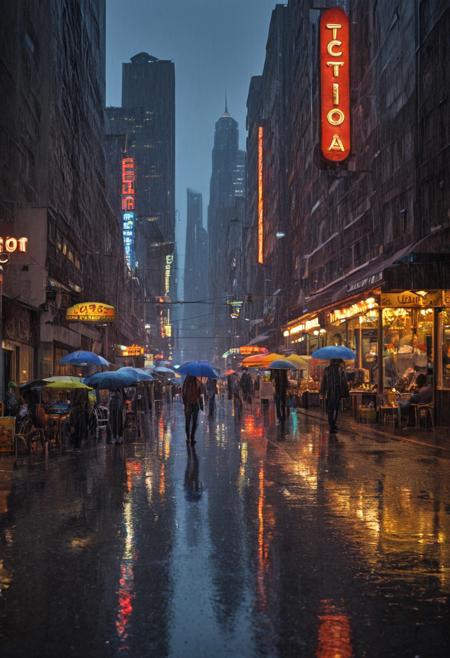zzCitronCAT, twilight, city street, lot of people, neon signs, heavy rain, umbrellas, reflections, skyscrapers, exotic architecture, street vendors
