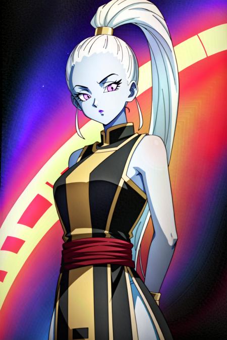 Vados (Angel of Universe 6), 1girl, solo, staff, colored skin, blue skin, arm behind back, full body, long hair, hair pulled back, ponytail, long sleeves, holding, white hair, holding staff, puffy sleeves, high ponytail, standing, dress