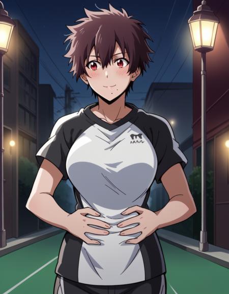 nagisa aragaki, short hair, large breasts, brown hair, red eyes, brown eyes, mole, mole under mouth, tomboy shirt, shorts, sportswear,