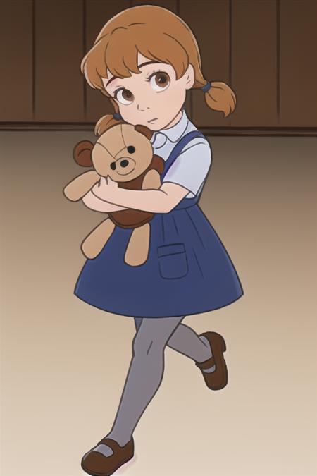 1girl, pennytr brown hair short hair twintails short twintails dress short sleeves blue dress shoes brown mary janes stuffed toy, stuffed animal brown eyes