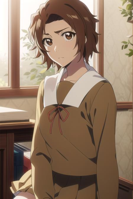 masakikurosaki, <lora:masakikurosakitest:1>,
masaki kurosaki, short hair, brown hair, (brown eyes:1.5),
BREAK skirt, ribbon, school uniform, pleated skirt, serafuku, socks, kneehighs, white socks,
BREAK looking at viewer,
BREAK indoors, classroom,
BREAK <lora:GoodHands-vanilla:1>, (masterpiece:1.2), best quality, high resolution, unity 8k wallpaper, (illustration:0.8), (beautiful detailed eyes:1.6), extremely detailed face, perfect lighting, extremely detailed CG, (perfect hands, perfect anatomy),