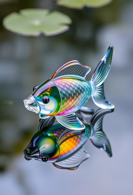 glass fish, made of glass, completely transparent, reflective iridescent surface, glass art, colorful, translucent, floating on the surface of the pond, 
best quality, sharp focus, high contrast, colorful, ultra quality, 8k, best quality,