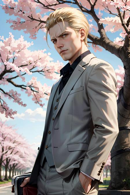 ((ultra detailed, masterpiece, best quality))
 <lora:REAlbertWesker:0.8>
REAlbertWesker, 1boy, solo, blonde hair, Beneath a cherry blossom tree in bloom, modern suit with a hint of traditional influence, stoic expression while holding a sakura branch