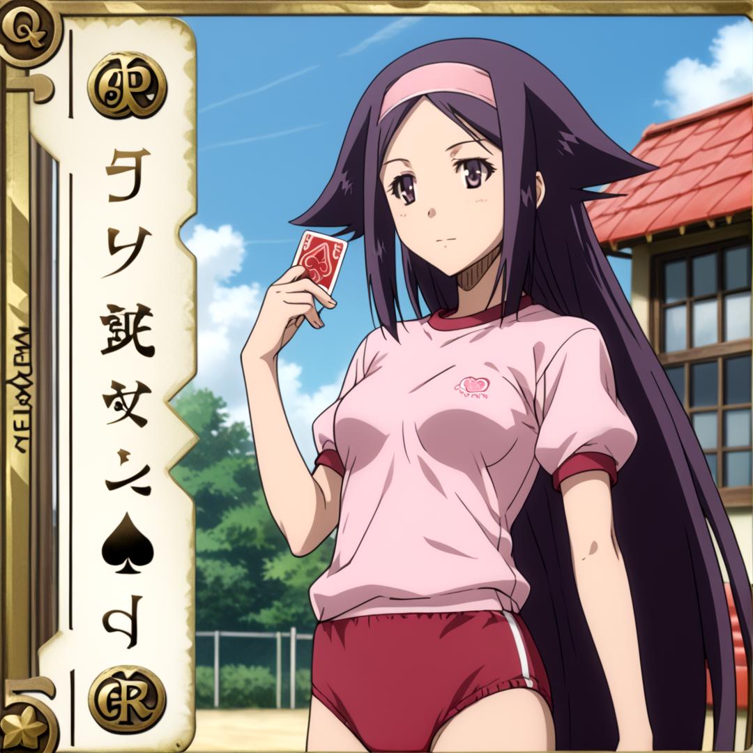 , oharu \(mushibugyou\), 1girl, buruma, card \(medium\), character name, gym uniform, hairband, long hair, solo, 