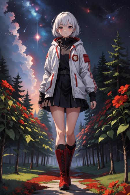 extreme quality, cg, (bright colors:0.8), ultra-detailed, illustration, impasto, painting, 1girl, large white jacket, long jacket, short legs, short, forest, mystery, mysterious forest, girl investigator, tall boots, red flowers, starry sky, stars, nebula, white hair, walking, walking through the forest, relaxed expression, night, nebula sky, planets, ((red flowers)), solo, anime wallpaper, high quality wallpaper, official wallpaper, masterpiece, best quality, 8k