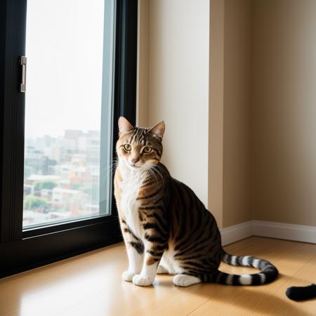 RAW photo, absurdres, high quality, photorealistic, cat looking at viewer, indoors, window, sunlight, 8k uhd, dslr, film grain, Fujifilm XT3, 20 megapixel, detailed, sharp focus,