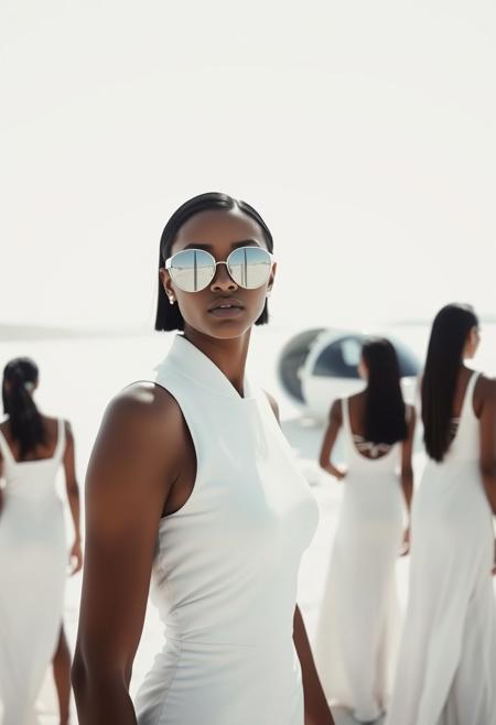 A surreal, cinematic scene in a vast, desolate salt flat, bathed in stark white light. The focus is on a group of bengali models dressed in minimalist, futuristic white dresses, their sharp, angular sunglasses reflecting the harsh brightness of the landscape. The closest model, with sleek ebony black hair and round silver sunglasses, stares directly into the camera, her expression distant and enigmatic. In the background, the other models are turned away, standing at different angles, all seemingly disconnected from each other, adding to the eerie, dystopian atmosphere. A futuristic structure resembling a white pod is parked behind them, heightening the sci-fi aesthetic. The scene evokes a sense of isolation and otherworldly beauty, with a muted, pastel color palette.
