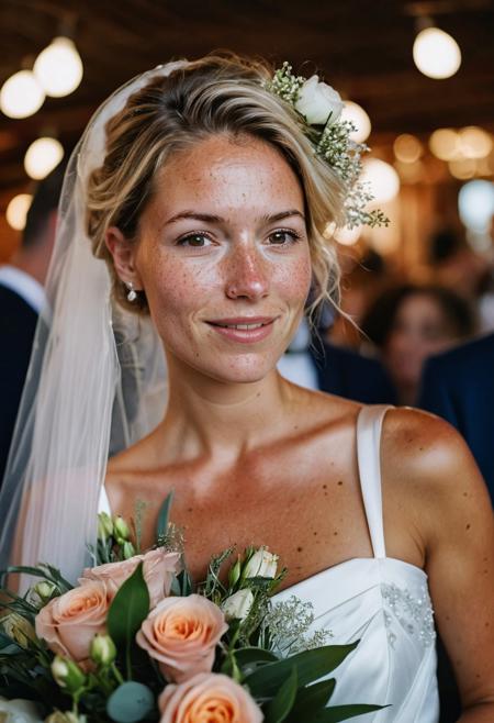 Stunning 35mm photo of a 42 years old Dutch woman, ((an breathtaking wedding dress)), very pretty, fit, skinny, highly detailed face, highly detailed skin, freckles, many freckles on arms and tits, freckles and moles all over body, natural breasts, perfect breasts, hard nipples, Rounded ass, blonde hair, pubic hair, short hair, messy hair, medium hair, brown eyes, highly detailed skin, highly detailed face, in love, happy, detailed pupils, at her wedding party, in a beach club on the Dutch coastline, holding a pretty bouquet of flowers, emotional face, emotional but happy while listening to her new husbands' beautiful speech, sunset, you can tell from the expression on her face that she is highly sexually aroused, low light, soft natural light, Rembrandt style light, made with a Hasselblad camera, 35mm, film grain, masterpiece, sharp focus, shot on Kodak, lens flare, cinematic, (ultra high res: 1.2), (photo-realistic: 1.3) (skin pores: 1.1)
