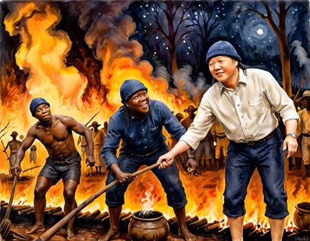 watercolor painting (an Japanese man in a knit cap) helping (African American slaves) set a Georgia plantation on fire in the dead of night in 1832 . vibrant, beautiful, painterly, detailed, textural, artistic', '(an Japanese man in a knit cap) helping (African American slaves) set a Georgia plantation on fire in the dead of night in 1832, intricate, grim, trending on artstation <Lora:TatsuroYamashita:0.83><lora:xl_more_art-full_v1:0.51>