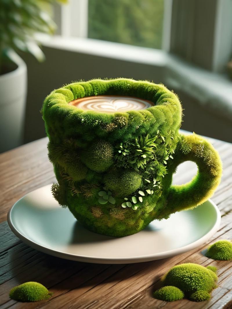 A green mossy coffee cup with a heart-shaped latte art sits on a plate.
