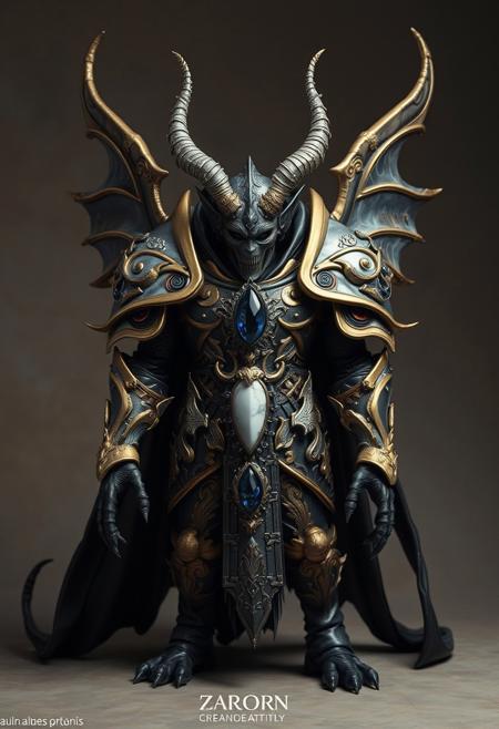 Avant-garde , gold and steel, grimdark chaos daemon  wearing highly detailed filigree armor made out of marble and sapphire