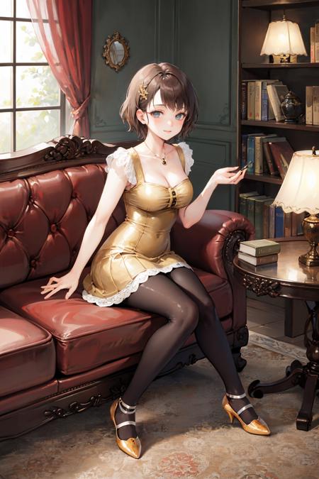 minazuki ruka yellow dress, pantyhose, cleavage, high heels