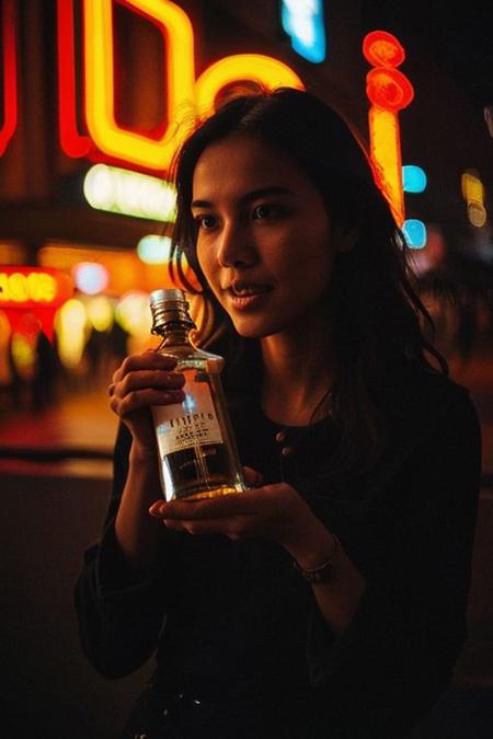 In a low-key style with the grainy texture of expired film, the photo offers a close-up view from above of a photo-realistic close-up medium shot of a beautiful girl's figure standing tall, depicted in full body, gently cradling a perfumed bottle. The attention to detail captures every nuance of the subject's features and attire, creating a lifelike representation that almost breathes with realism. Against the backdrop of vibrant, full-color, saturated neon city lights, the scene comes alive with a juxtaposition of warmth and urban energy. The subject's expression exudes a sense of calm amidst the bustling cityscape. Bathed in the dim neon-colored light of a blacked-out large window showcasing the city's glowing neon signs, the scene is a captivating mix of dramatic shadows and a shadowy ambiance reminiscent of a Kodak Portra 800 night shot.