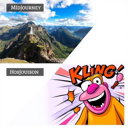 A comparison between two images: one, a detailed, breathtaking landscape with high quality, labeled 'Midjourney,' and the other, a humorous, distorted image labeled 'Kling,' featuring strange colors and shapes, comic-book style, playful and light-hearted