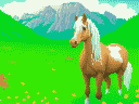 pixel art of horse in a green lush field with clouds,ghibli, beautiful, masterpiece, artstation