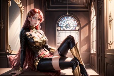 ((best quality)), ((masterpiece)), ((realistic)), (detailed), (1 girl) women, pyrrha nikos a woman with long red hair wearing a brown corset, looking at viewer, solo, full body, detailed background, Ornate, Indoor, (Renaissance:1.2), (Vintage Windows:1.1), Royal Furniture, closed mouth, absurdres