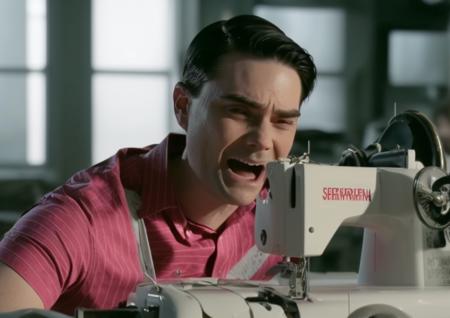 Movie still of benshapiro person in a comedy movie about a ((possessed Sewing Machine)), film screenshot from the film directed by bong joon-ho, dramatic, atmosphere, dynamic dramatic cinematic lighting, aesthetic, ((crying)), in the movie a bad ass AC unit rapes jmyr so he carries the ((fetus of sewing machine unit )). ((shocked facial expression)) , ((striped rainbow colored shirt))