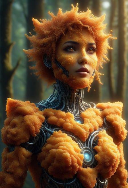 Ultrarealistic. sharp focus, dynamic lighting. play of light, Raytracing, Ultra detailed. (((DFC Style))). A gorgeous and beautiful female robot made of deep fried & crispy breading in a mystical forest.