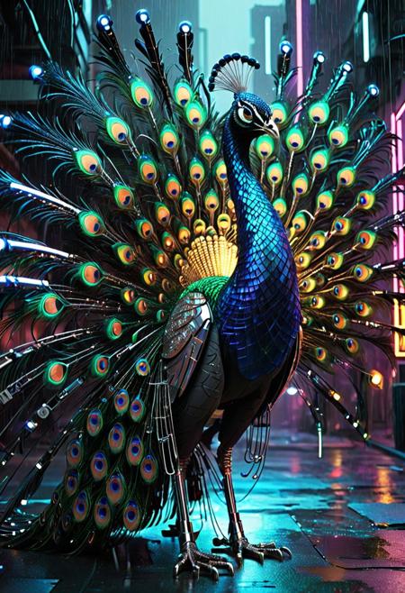 (masterpiece:1.2), best quality, ultra-detailed, (a breathtakingly beautiful cyberpunk peacock in portrait orientation:1.3), its body a sleek chassis of polished chrome and carbon fiber, (spreading its magnificent tail feathers, which are intricate, holographic arrays of neon light and shimmering Transistors:1.4), the "eyes" of the feathers are glowing lenses, revealing complex circuitry within, set against a rain-slicked, neon-drenched metropolis at night, volumetric light and reflections, cinematic, ethereal glow, high contrast
