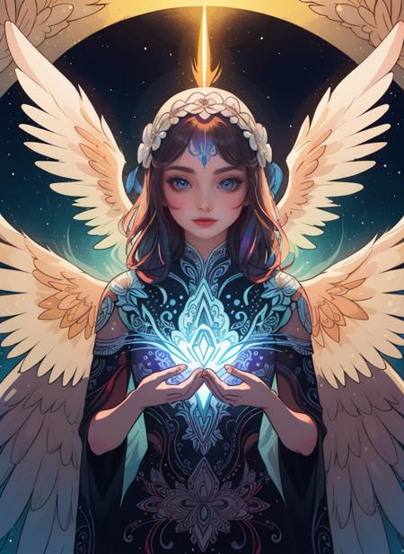 (8k, best quality, masterpiece:1.2),(best quality:1.0), (ultra highres:1.0), watercolor, in a mesmerizing blend of styles, envision an otherworldly creature with luminescent wings, adorned with intricate patterns inspired by traditional Mayan art, its iridescent colors shimmer in the twilight, while a halo of golden light radiates from its ancient, celestial symbols, by agnes cecile, pastel colors, (ink:1.3), <lora:add_detail:0.4>