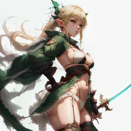 masterpiece, best quality,1girl,   <lora:unstabledreamX_v2:0.7>   a woman in a green outfit with a sword in her hand and a green outfit on her back, and a white background, 1girl, armpits, ass, blonde_hair, blue_eyes, breasts, dress, elbow_gloves, elf, green_dress, long_hair, looking_at_viewer, medium_breasts, panties, pointy_ears, ponytail, side-tie_bikini, side-tie_panties, simple_background, solo, string_panties, thighhighs, thighs, underwear, white_background, white_legwear, white_panties