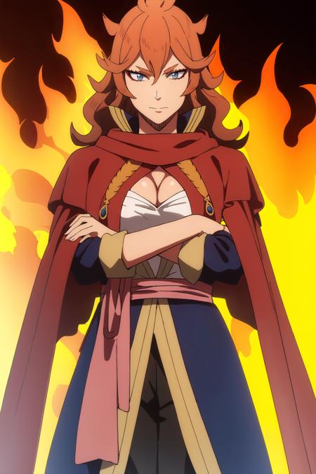 ((best quality)),((highly detailed)),masterpiece,absurdres,detailed face,beautiful face,(detailed eyes, deep eyes),(1girl),((dynamic pose)),  <lora:Vermillion:0.7>,Vermillion, 1girl, solo, crossed arms, long hair, cape, breasts, fire, makeup, cleavage, blue eyes, standing, brown hair, looking at viewer, jewelry, hair between eyes, red hair, molten rock, medium breasts, dress, orange hair, closed mouth, sash, pants, red cape, red theme, eyeshadow, simple background, long sleeves, dark skin, cowboy shot