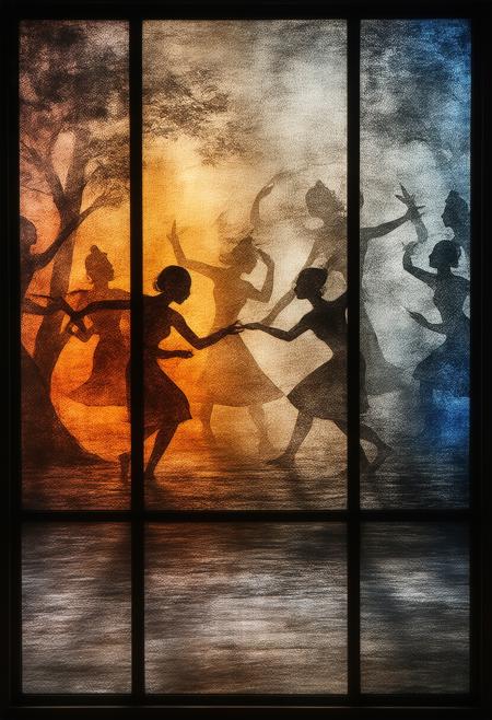 Visualize a traditional Indian shadow puppet theatre performance, rendered as a Cubist stained-glass panorama. Intricately carved leather puppets dance across a backlit screen, casting dramatic shadows. A puppeteerâs hands, partially visible, manipulate the puppets with skill and artistry. The color palette utilizes deep sepia, burnt orange, indigo, and charcoal gray, emphasizing the theatrical lighting and shadow play. Blend photorealistic details â the texture of the leather puppets, the grain of the wooden stage, the intricate details of the shadows â with the geometric abstraction of Cubism. The overall composition should convey a sense of enchanting storytelling, cultural heritage, and the magic of shadow and light, deeply immersed in a dramatic interplay of light and shadow.