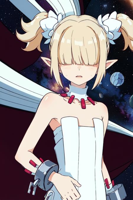 Clergy,flat chest ,pointy ears, short twintails ,hair over eyes ,blonde hair, jewelry.
bare shoulders ,cuffs ,white strapless dress ,shackles, 
 standing, upper body ,
outer space,  church, milky way, 
(insanely detailed, beautiful detailed face, masterpiece, best quality)
 <lora:Clergy-10v5:0.7>