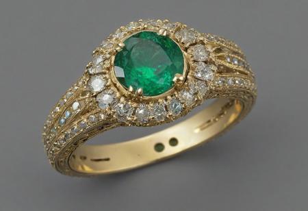 score_9, score_8_up, score_7_up, score_6_up, score_5_up, score_4_up,<lora:Fant5yP0ny:0.8> Ring; This gold ring has several tiny diamonds set around a central emerald.  Tiny barbs line the inside of the ring,