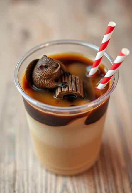 a realistic 4k photo of transparent plastic cup of full of coffee where miniature beaver building dam on with paper straws on coffee