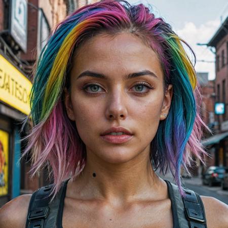 epic realistic, DV_Karah_Vicious, cyberpunk lanscape, ultra realistic, cinematic lighting, ultra detailed, detailed gorgeous face, beautiful girl, olive skin, medium length rainbow hair, simetric face, good anatomy, deusamelada, (Masterpiece:1. 3), (best quality:1. 3), <lora:add_detail:0. 4> <lora:epi_noiseoffset2:0. 4> <lora:hairdetailer:0. 6> <lora:more_details:0. 3> <lora:add-detail-xl:1. 2> <lora:DetailedEyes_V3:1. 2> <lora:sd_xl_offset_example-lora_1. 0:1. 2>, (natural skin texture, hyperrealism, soft light, muted colors), background, rutkowski, rim light
