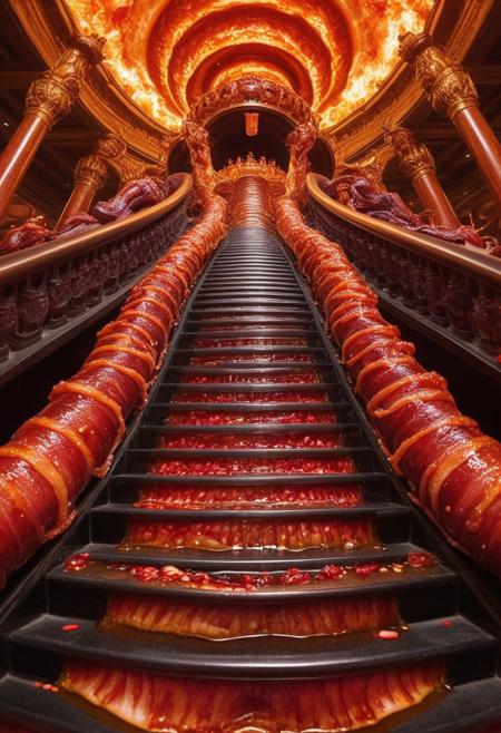 A grand palace sculpted from twisting ribbons of smoked bacon, its walls shifting between crisp, golden textures and tender, ruby-red marbling. The towers stretch high into a sky painted in deep, crimson hues, where slow-moving streaks of molten fat drizzle like glowing rain. A great staircase of candied pork spirals toward the heavens, each step glistening with a caramelized glaze. The ground trembles with waves of heat, sending rippling distortions through the pools of sizzling grease below. In the center of the palace, a throne carved from a single, massive slab of crackling pork belly pulses with ember-like energy, radiating waves of fragrant smoke.