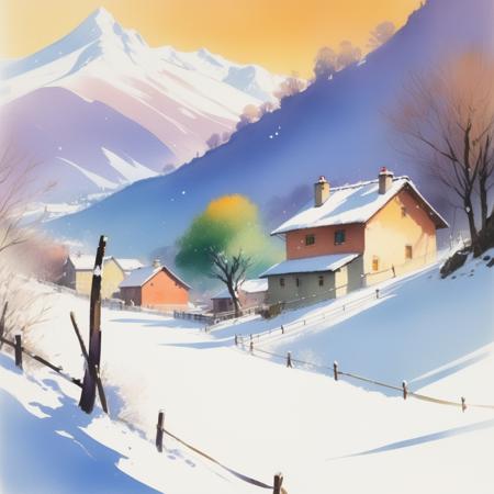 English Countryside in the winter, snowy mountain in the background, bright sunny day, art by tyrus wong, art by Studio Ghibli <lora:Bambi:1>, Painting, Landscape, Snowy, Mountains, Houses, Trees, Winter, Artistic, Colorful, Scenic, Rural, Cold, Snow-covered, Mountainside, Town, Painterly, Illustration, Postcard, Artwork, Pastel, Watercolor, Alpine, Pastoral, Charming, Picturesque, Serene, Idyllic, Cozy, Nostalgic, Romantic, Dreamy, Impressionistic, Realistic, Vivid, Vibrant, Lively, cold, Inviting, Enchanting, Magical, Enthralling, Captivating