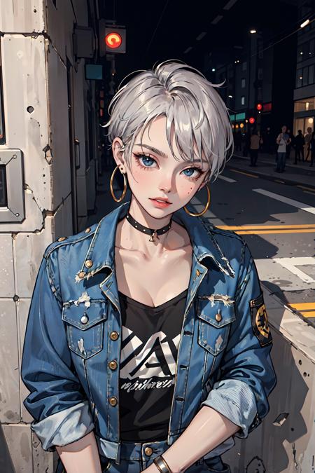 (masterpiece:1.2, best quality), (1lady, solo, upper body:1.2), Hair: buzz cut, Clothing: oversized, distressed denim jacket with patches and pins, paired with black skinny jeans and combat boots, Accessories: silver hoop earrings and a black choker necklace, Hanging out in an underground music venue or street art exhibit