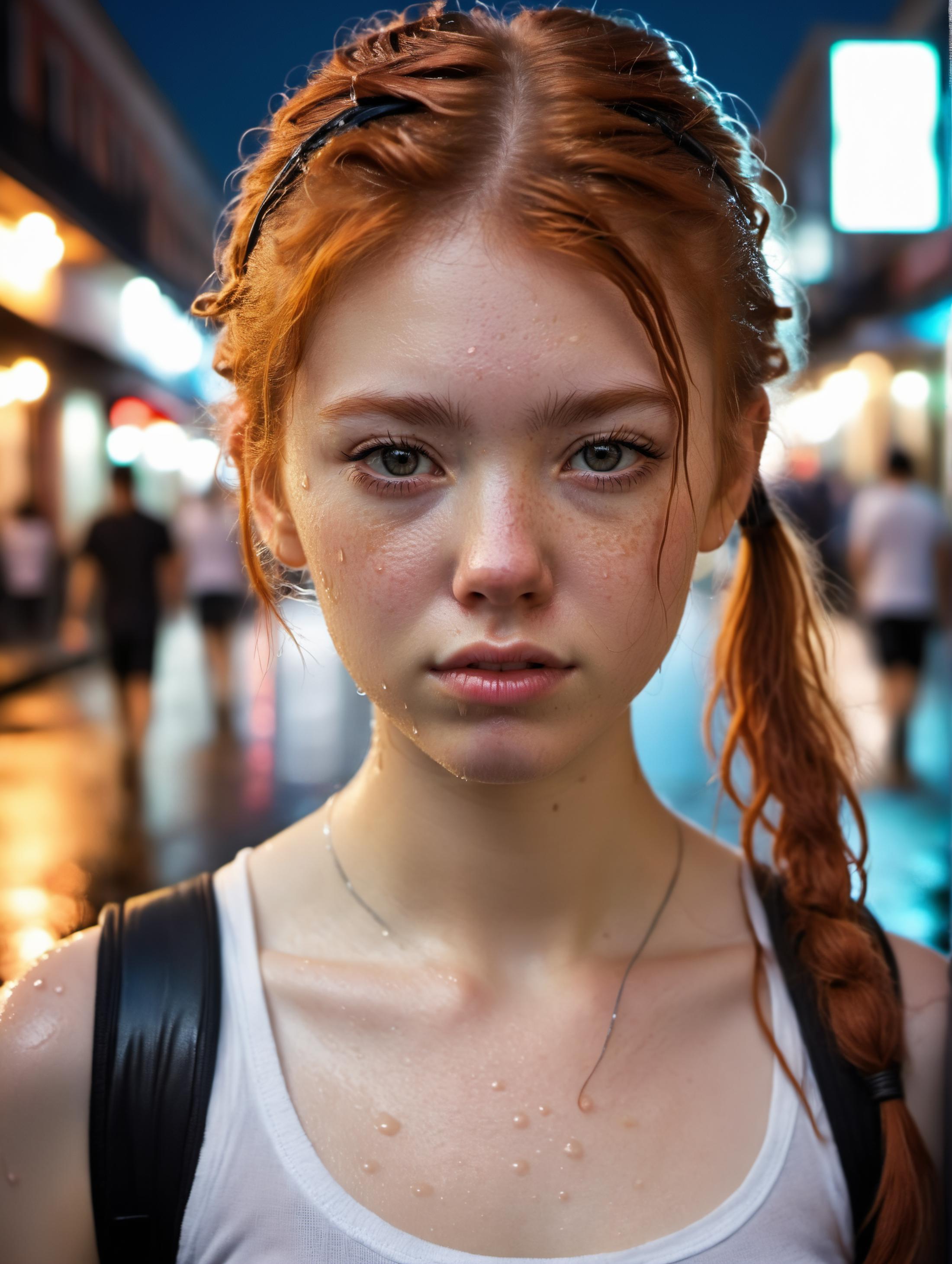 A redheaded woman with braces in a wet shirt and a ponytail.