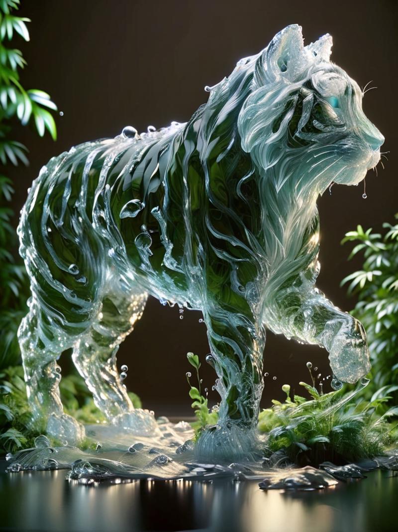 A waterfall effect of a tiger sculpture in a jungle setting with green plants and water.