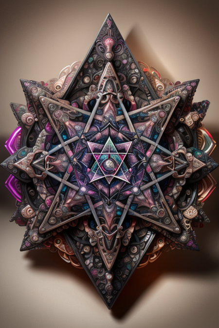 made of ral-kldscop, designed by Brandon Woelfel, Klaus Wittmann and by Bastien Lecouffe-Deharme, professionally shot of a ([Pentagram|Book of shadows]:1.3) , it is Studied and Disruptive, it has ornate details, shallow depth of field, fantastic realism, exotic animals, strong geometric compositions, textured, influencing modern signage and visual communication, impossible objects, playful imagination, Steelpunk, waning light, Muted Colors, psychedelic, <lora:ral-kldscop-000009:1>, vibrant, extremely stylish, badge, artistic, warm light, atmosphere