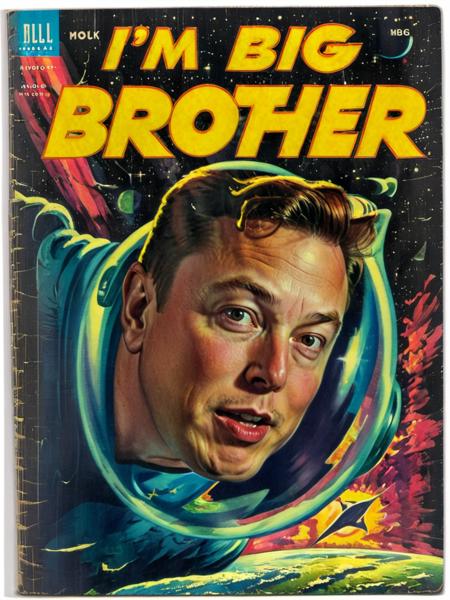 <lora:Wiz-VintageComicBookCover_v01:1.5>, (Vintage comic book cover  illustration of Elon Musk looking at viewer), (title says "I'M BIG BROTHER" text logo:1.4) <lora:Harrlogos_v2.0:1>, planet earth in Elon hands