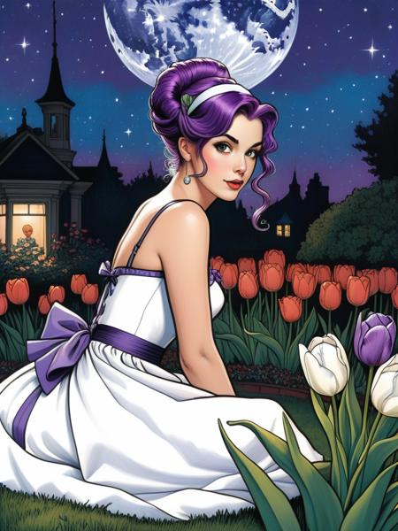 <lora:04Vintageillustration_Hap_XL:3.3>,Norman Rockwell style cwitty comic book style ink colored pencil drawing of Tulip, a pokemon trainer with purple hair styled in an updo, wearing a revealing white and purple dress. She has large expressive eyes, full lips, and a curvaceous figure. The settings vary - one shows her sitting outside at night in a garden-like area with flowers, another inside an ornate room with chandeliers, and another against a starry night sky backdrop. Her poses and expression suggest a flirtatious, glamorous persOna