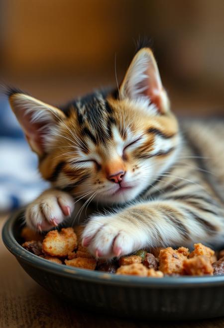 A cute kitten falling asleep into their food